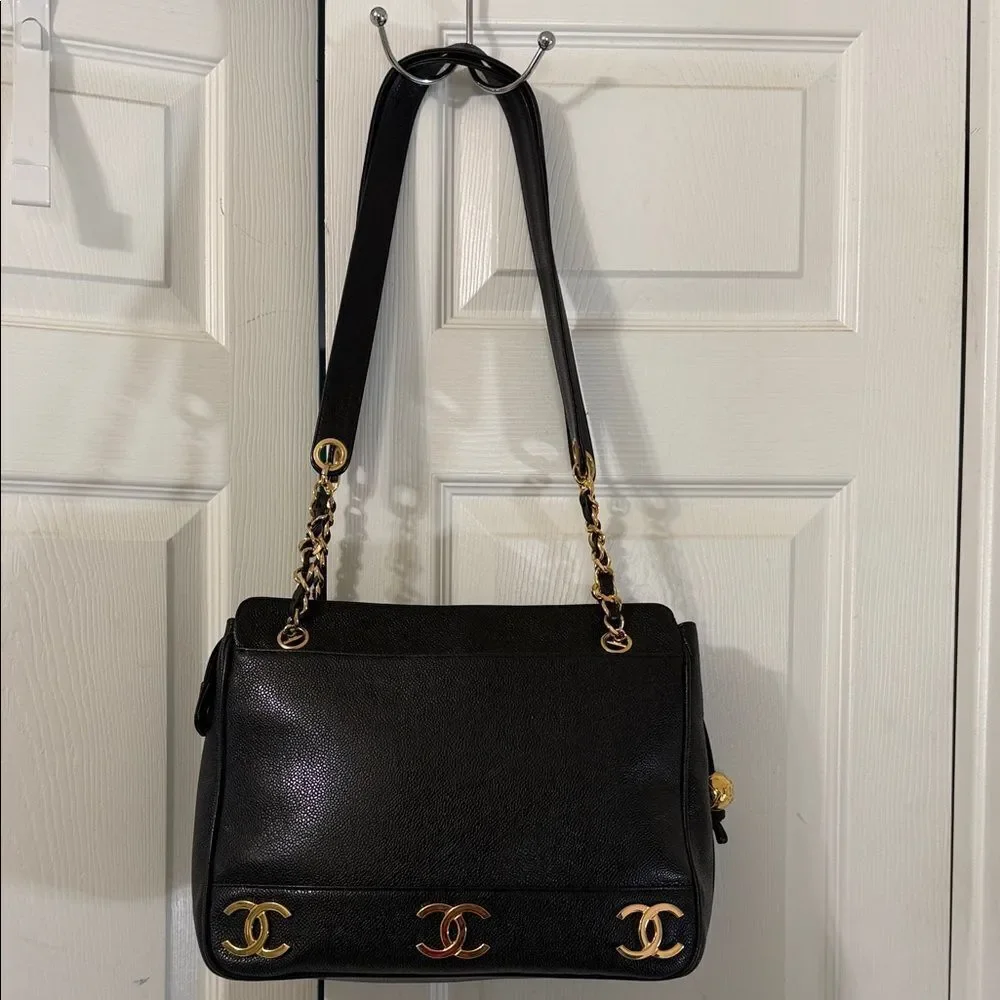 Authentic Chanel Triple CC Black/Gold Caviar Leather Chanel Shoulder Bag.